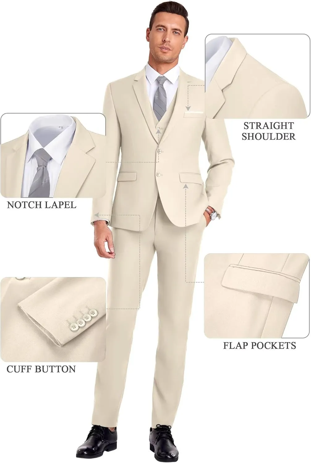 Men Suit 3 Pieces Slim Fit, Groomsmen Business Jacket Vest Pant with Tie 2 Buttons Prom Tuxedo Xs/3630