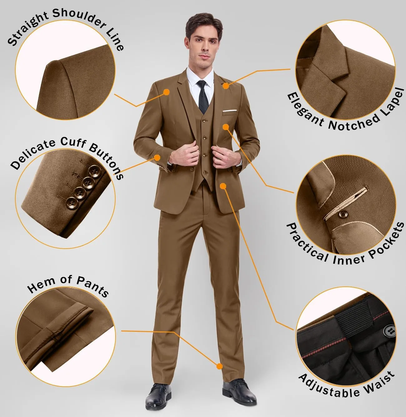 Mens 3 Piece Slim Fit Suit Set, 2 Button Solid Blazer Jacket Vest Pants Business Tuxedo