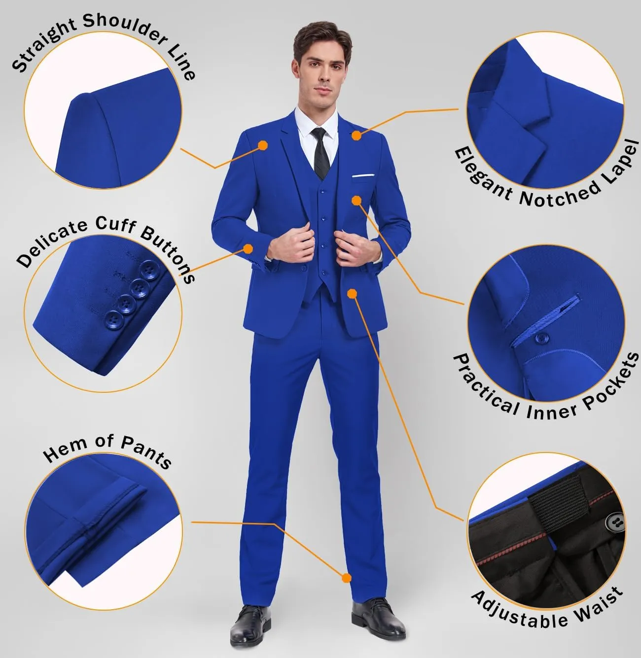 Mens 3 Piece Slim Fit Suit Set, 2 Button Solid Blazer Jacket Vest Pants Business Tuxedo