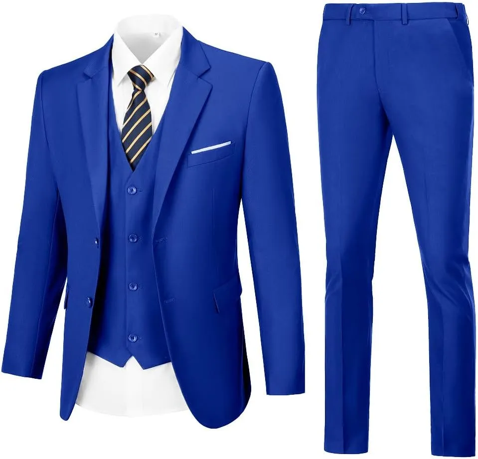 Mens 3 Piece Slim Fit Suit Set, 2 Button Solid Blazer Jacket Vest Pants Business Tuxedo