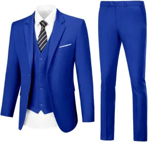 Mens 3 Piece Slim Fit Suit Set, 2 Button Solid Blazer Jacket Vest Pants Business Tuxedo