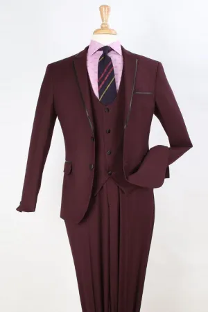 Mens Apollo King Burgundy Vested Clim Fit Tuxedo Suit w/ Trim