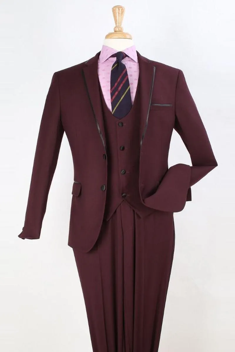 Mens Apollo King Burgundy Vested Clim Fit Tuxedo Suit w/ Trim