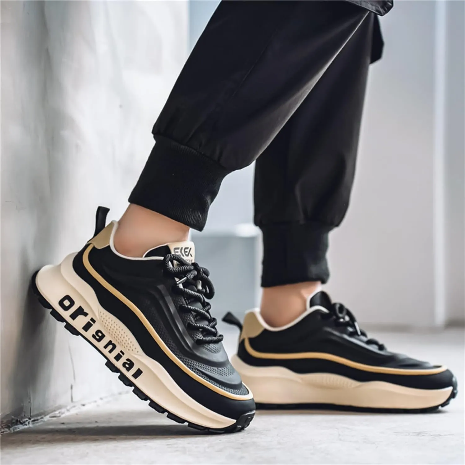 Mens Breathable Leather Lace Up Platform Sneakers Fashion Casual Non-Slip Shock Absorbing Heighten Walking Workout Dad Shoes