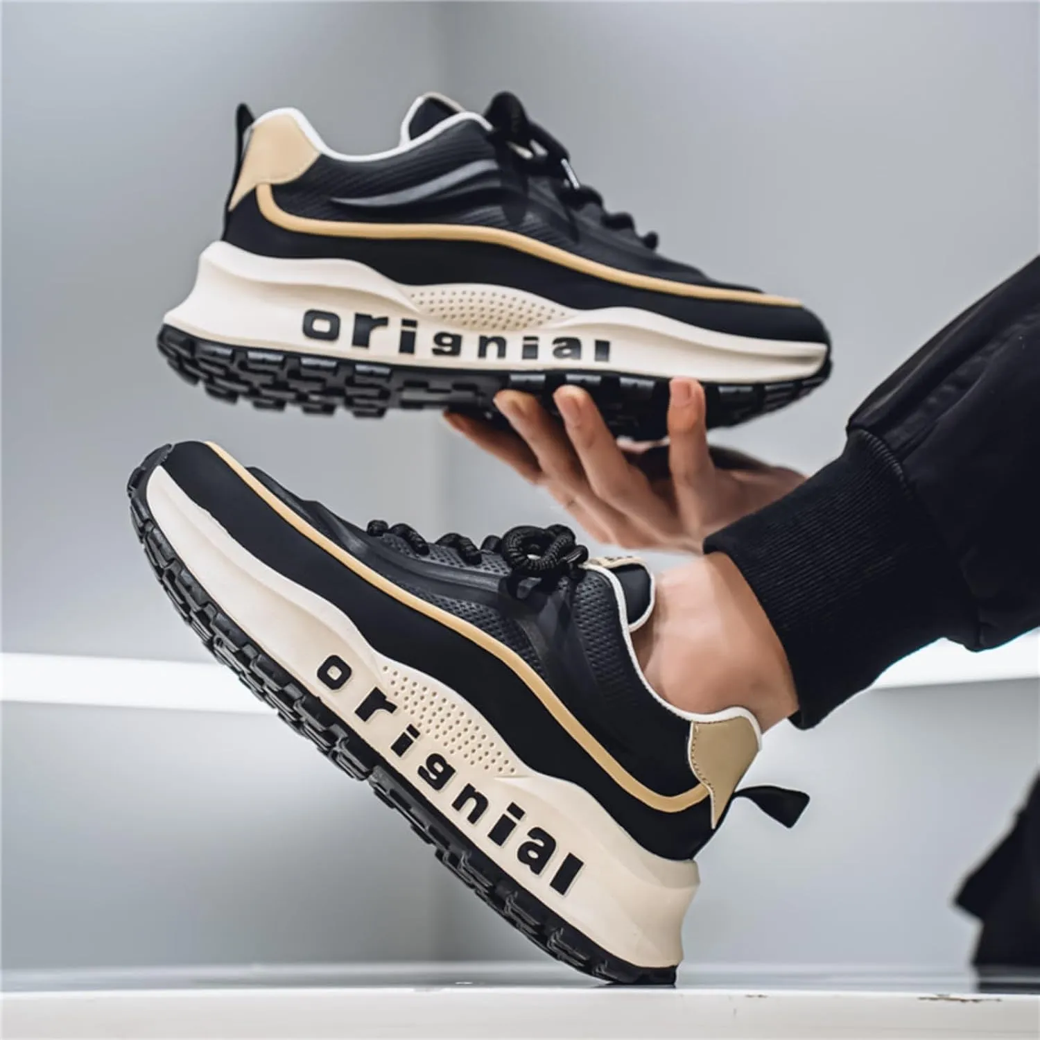 Mens Breathable Leather Lace Up Platform Sneakers Fashion Casual Non-Slip Shock Absorbing Heighten Walking Workout Dad Shoes