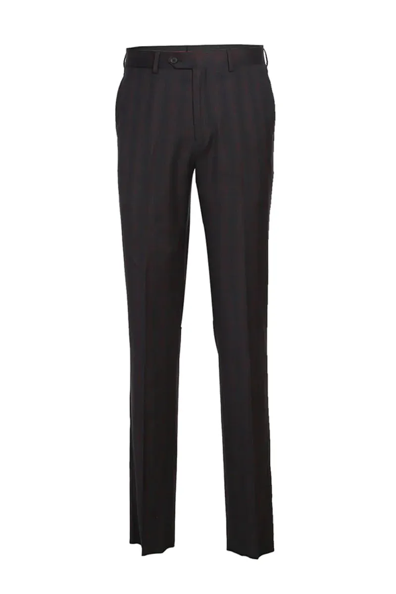 Mens Designer Two Button Slim Fit Notch Lapel Suit in Brown & Red Windowpane Plaid