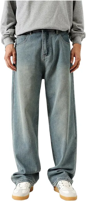 Mens Jeans, Mens Wide Leg Jeans Elastic Waist Baggy Jeans Casual Fashion Drawstring Denim Pants Trousers with Pockets