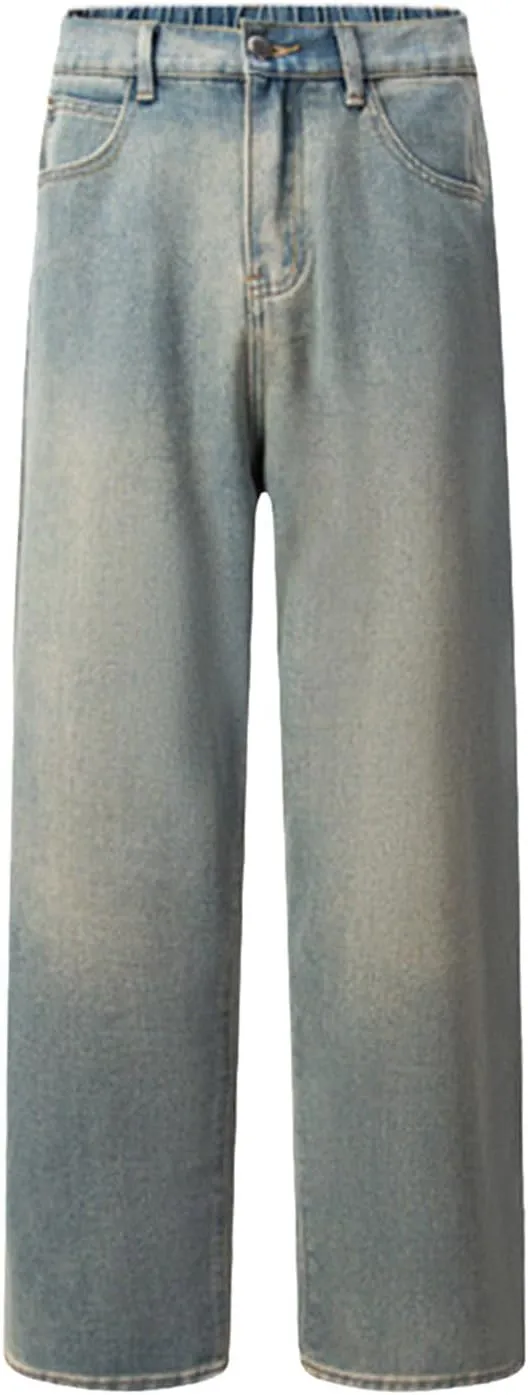 Mens Jeans, Mens Wide Leg Jeans Elastic Waist Baggy Jeans Casual Fashion Drawstring Denim Pants Trousers with Pockets