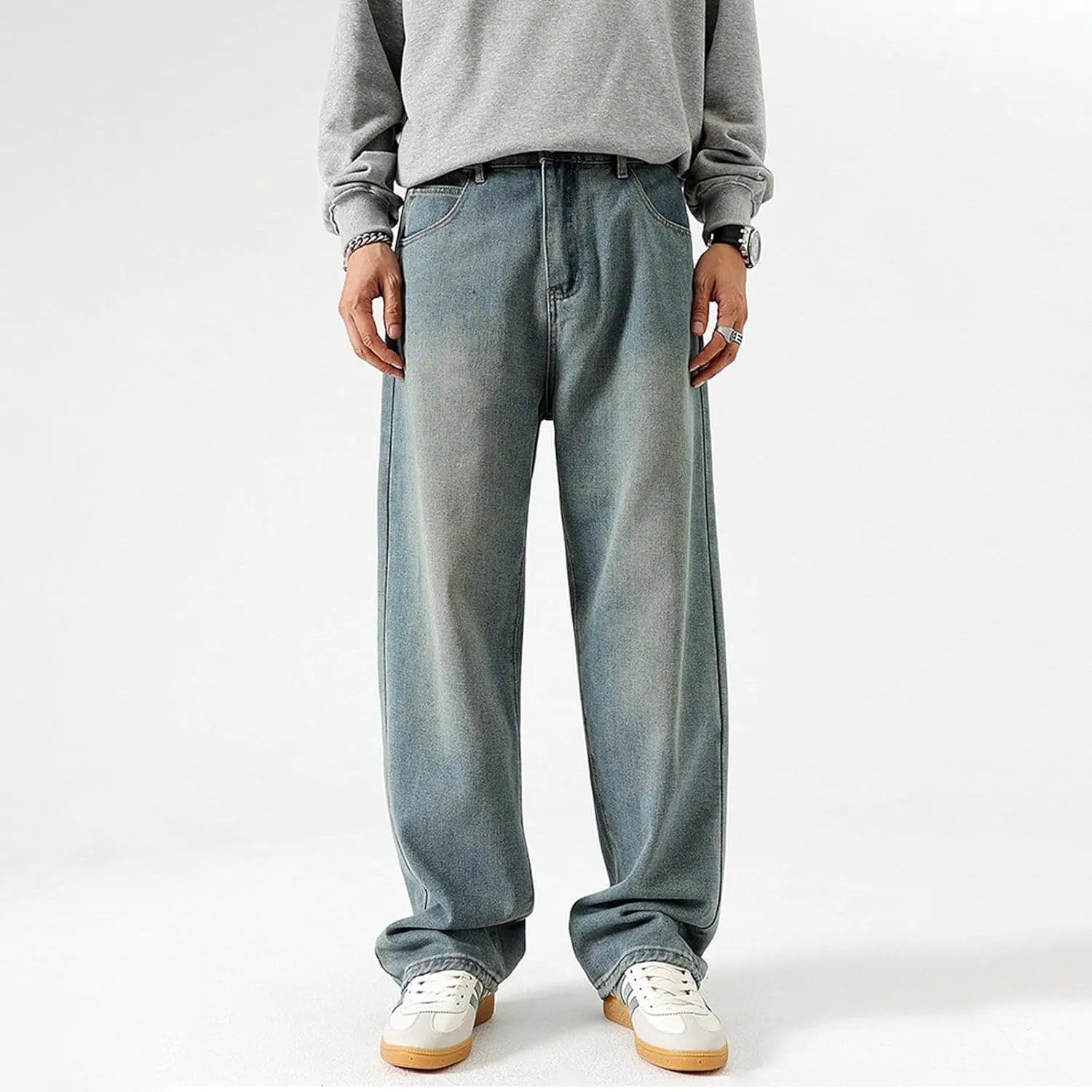 Mens Jeans, Mens Wide Leg Jeans Elastic Waist Baggy Jeans Casual Fashion Drawstring Denim Pants Trousers with Pockets