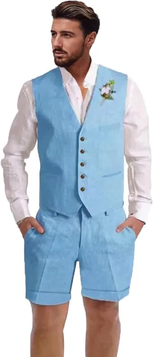 Mens Linen Suit 2 Piece Short Suits for Men Casual Summer Beach Wedding Suit Linen Vest Shorts Set