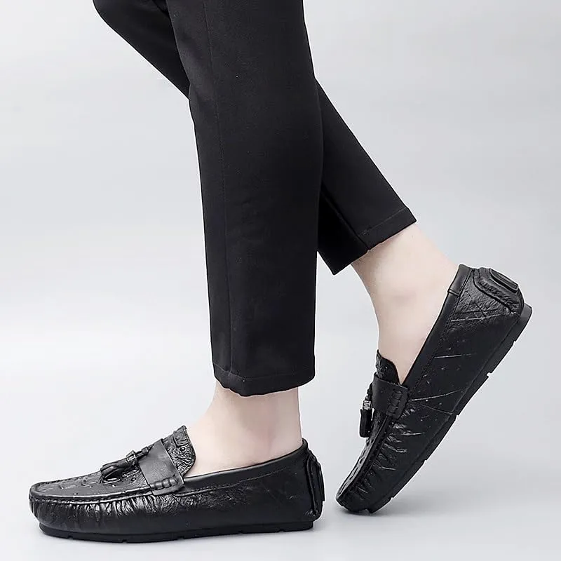 Mens Loafers Shoe Round Toe Crocodile Print with Tassel Driving Loafers Flexible Flat Heel Anti-Slip Party Walking Slip-on