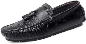 Mens Loafers Shoe Round Toe Crocodile Print with Tassel Driving Loafers Flexible Flat Heel Anti-Slip Party Walking Slip-on