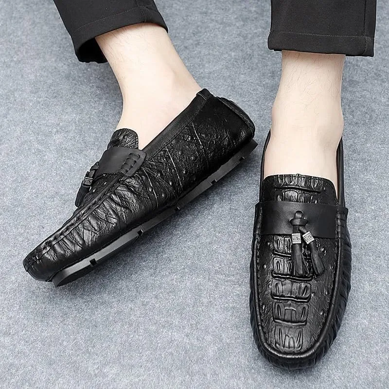Mens Loafers Shoe Round Toe Crocodile Print with Tassel Driving Loafers Flexible Flat Heel Anti-Slip Party Walking Slip-on