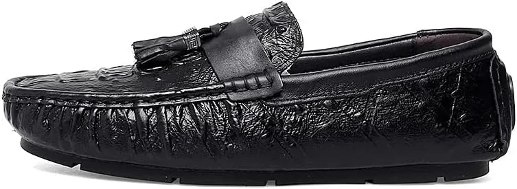 Mens Loafers Shoe Round Toe Crocodile Print with Tassel Driving Loafers Flexible Flat Heel Anti-Slip Party Walking Slip-on