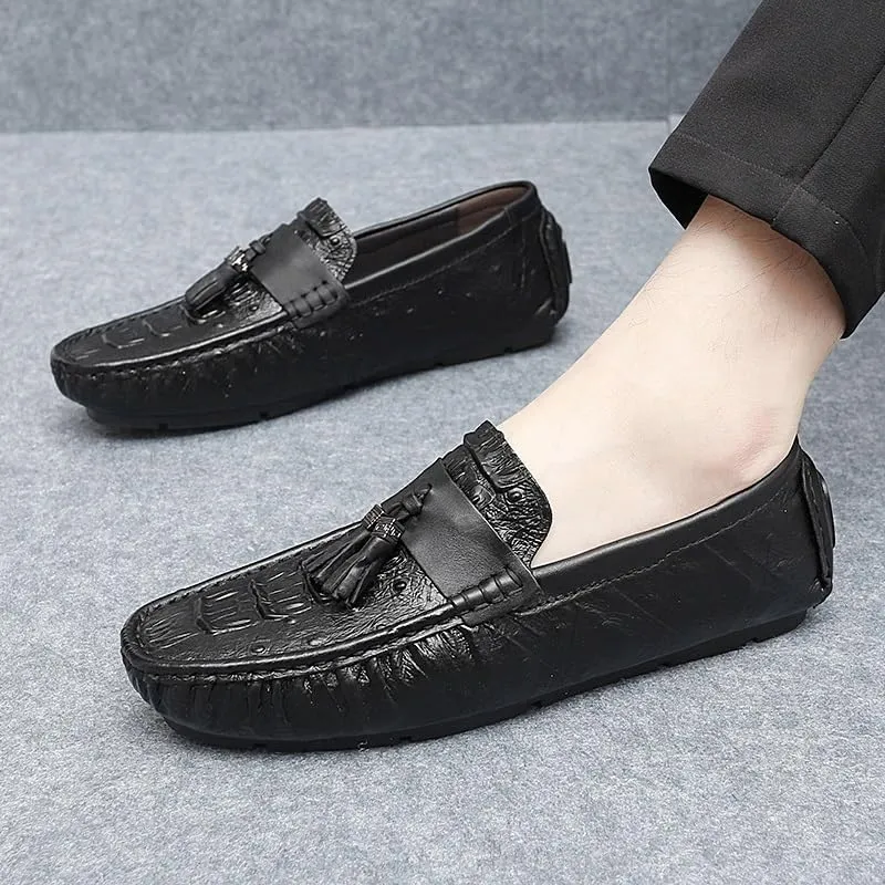 Mens Loafers Shoe Round Toe Crocodile Print with Tassel Driving Loafers Flexible Flat Heel Anti-Slip Party Walking Slip-on