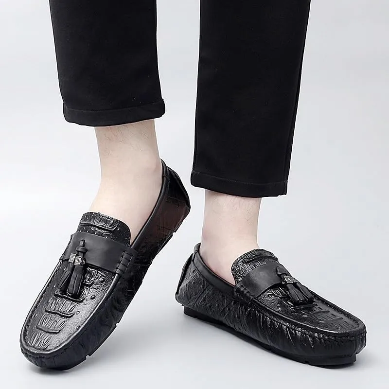 Mens Loafers Shoe Round Toe Crocodile Print with Tassel Driving Loafers Flexible Flat Heel Anti-Slip Party Walking Slip-on