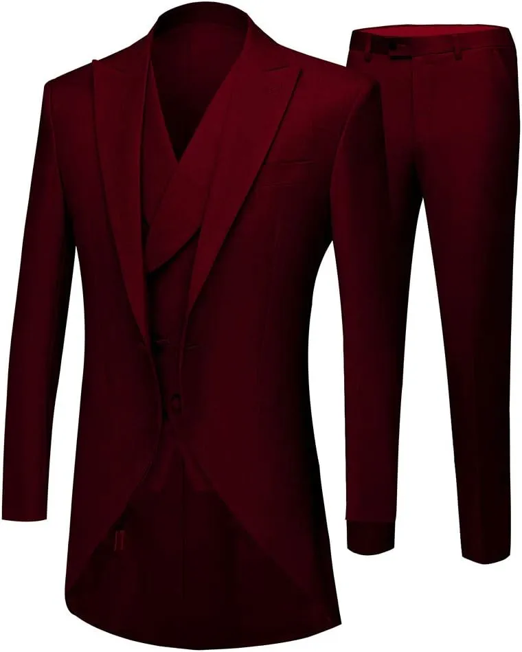 Men's White 3PC Long Tailcoat Suit Notch Lapel One Button Wedding Suits Groom Tuxedos