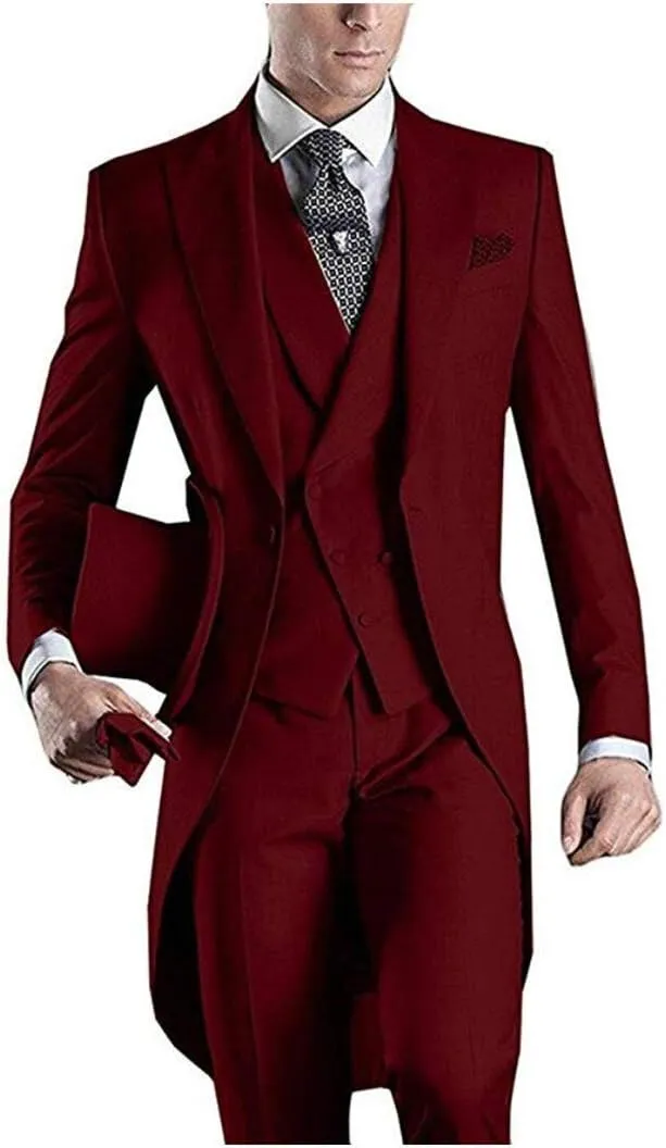 Men's White 3PC Long Tailcoat Suit Notch Lapel One Button Wedding Suits Groom Tuxedos
