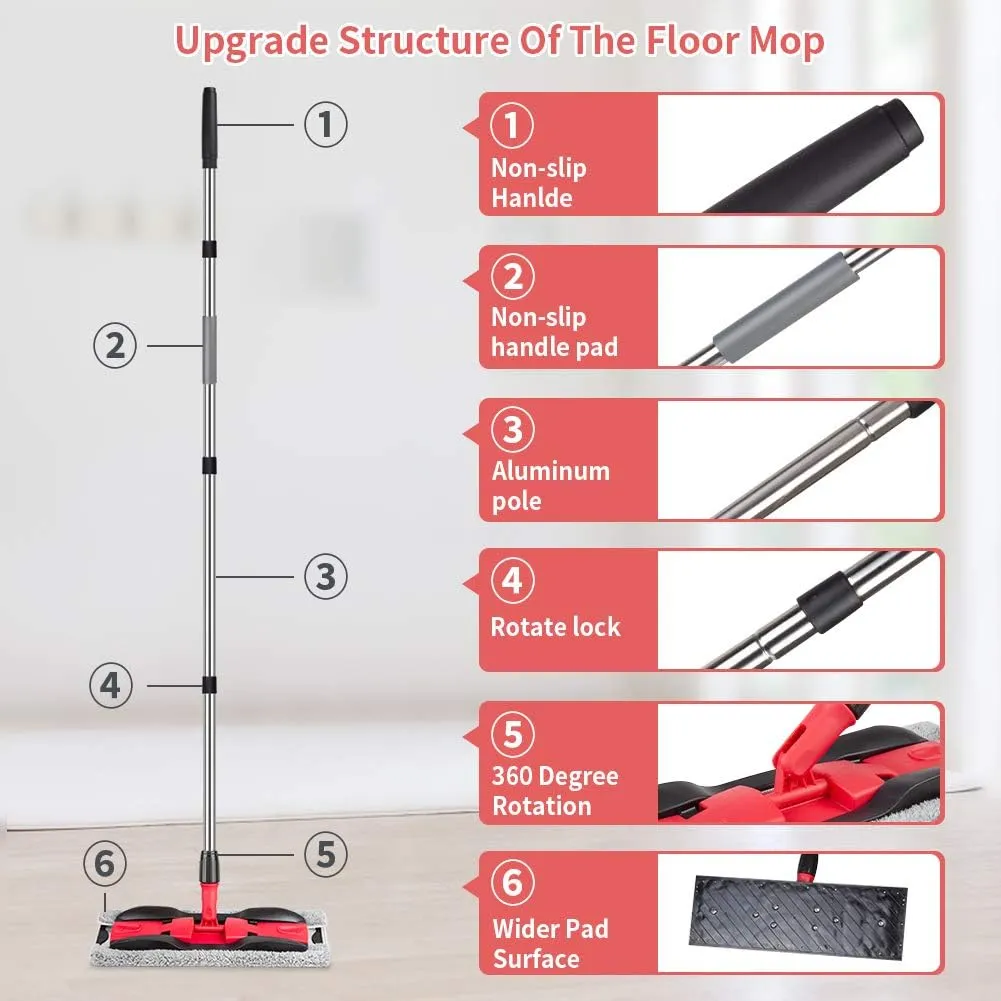 Microfiber Hardwood Floor Mops for Floor Cleaning- MEXERRIS Dry Dust Mop with 4X Washable Reusable Pads and Adjustable Handle Flat Mop Commercial Home Use for Wood Laminate Tiles Hardwood