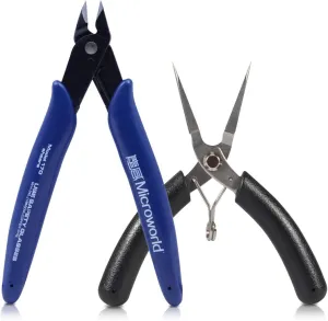 Microworld 3D Metal Model Tools, 2Pcs/Set Mini Flat Nose Plier Nipper Tool with Comfort Grip Handle, Professional for DIY 3D Metal Puzzle Model Kit Jigsaw Assembling