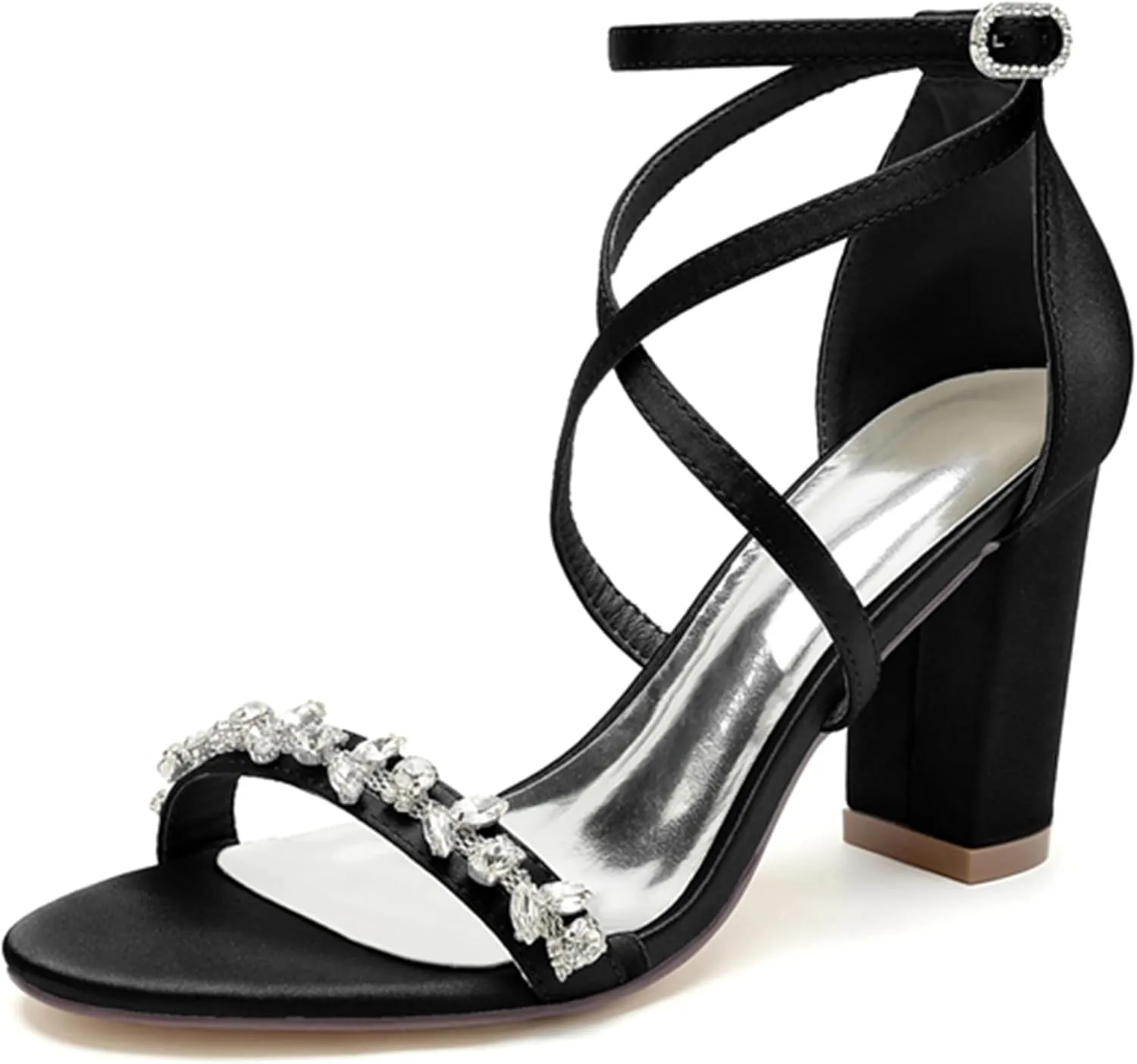 Minishion Block Heel Wedding Dress Shoes Fur Women Ankle Strap Evening Sandals with Rhinestone MS289