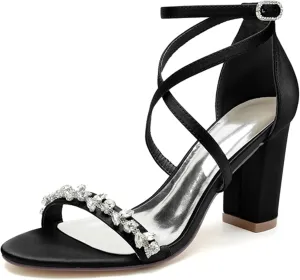 Minishion Block Heel Wedding Dress Shoes Fur Women Ankle Strap Evening Sandals with Rhinestone MS289