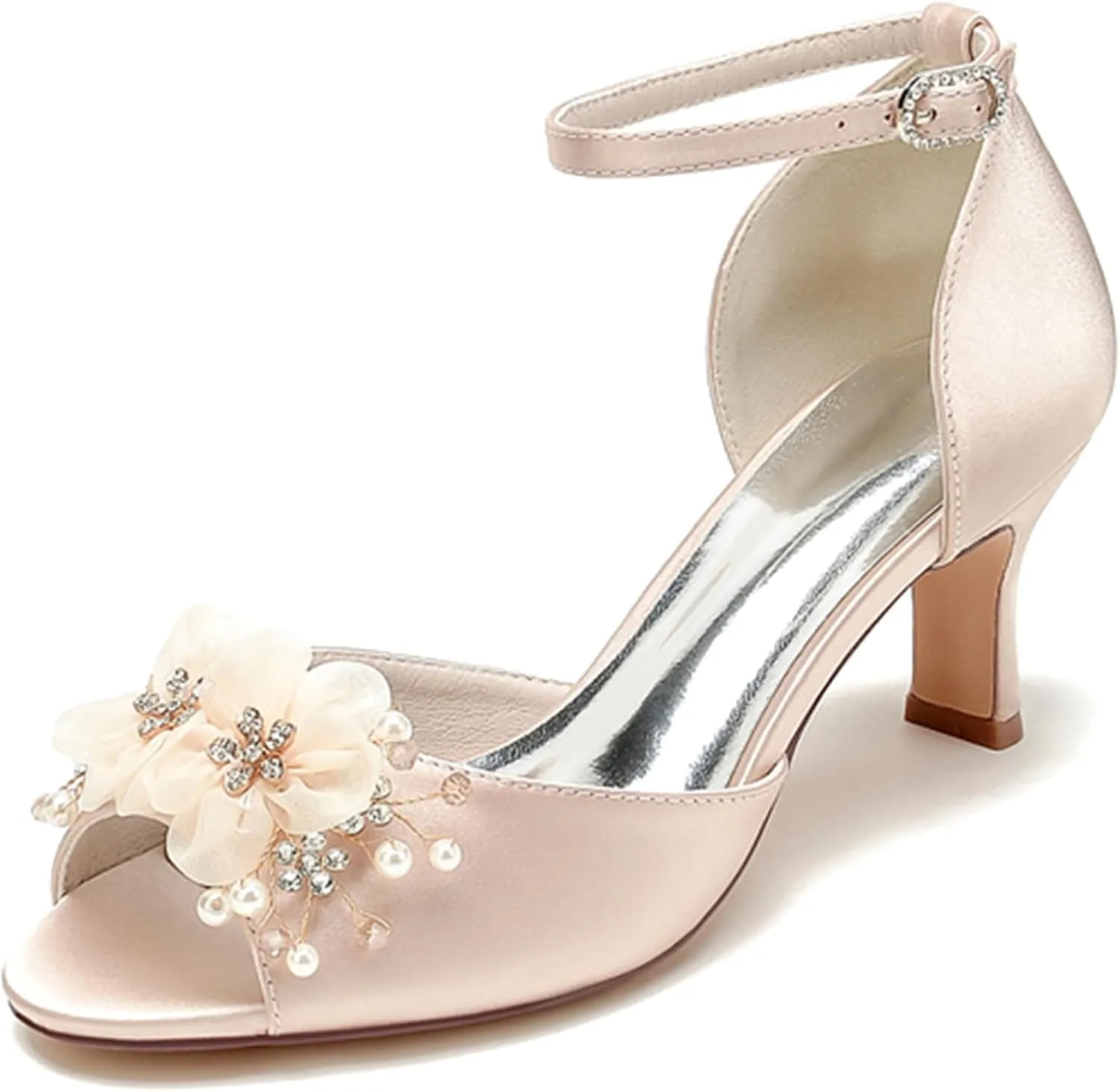 Minishion Women's Low Heel Shoes for Wedding Ankle Strap Evening Prom Sandals with Flower MS329