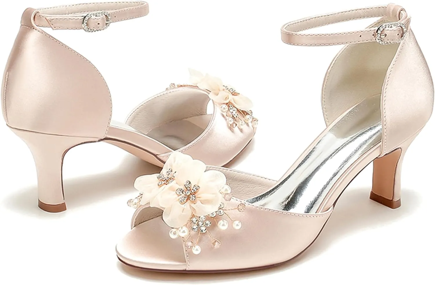 Minishion Women's Low Heel Shoes for Wedding Ankle Strap Evening Prom Sandals with Flower MS329