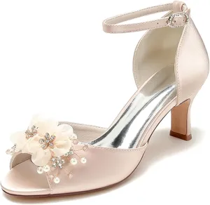 Minishion Women's Low Heel Shoes for Wedding Ankle Strap Evening Prom Sandals with Flower MS329