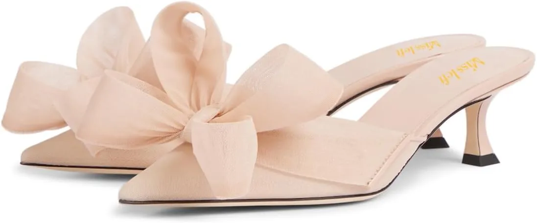 miss left Women Graceful Bowknot Pointed Toe Mules Comfy Slip on Low Heel Slide Sandals Party Event Leisure Slippers Size 4-16 US