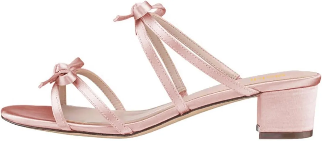 miss left Women Open Round Toe Two Bowknots Satin Mules Block Low Heel Slip on Trendy Summer Party Casual Sandals Size 4-16 US