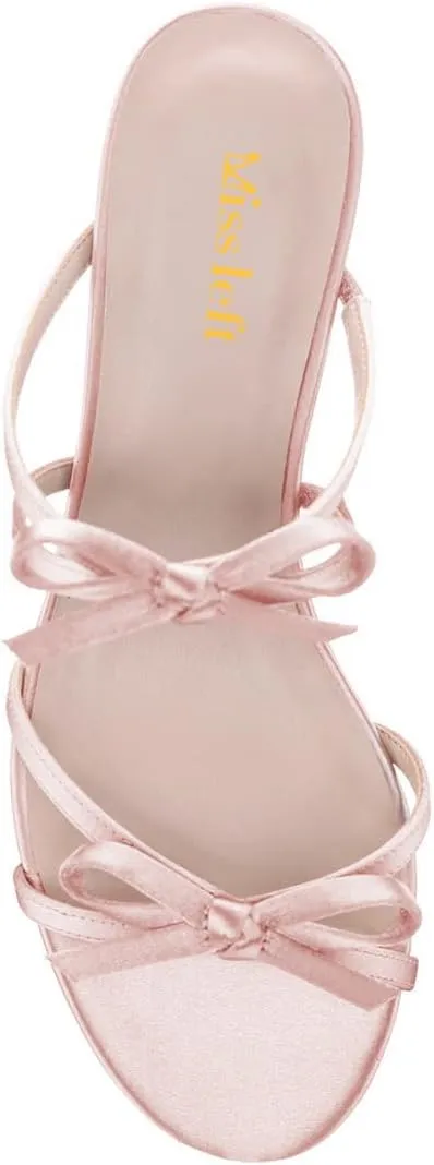 miss left Women Open Round Toe Two Bowknots Satin Mules Block Low Heel Slip on Trendy Summer Party Casual Sandals Size 4-16 US
