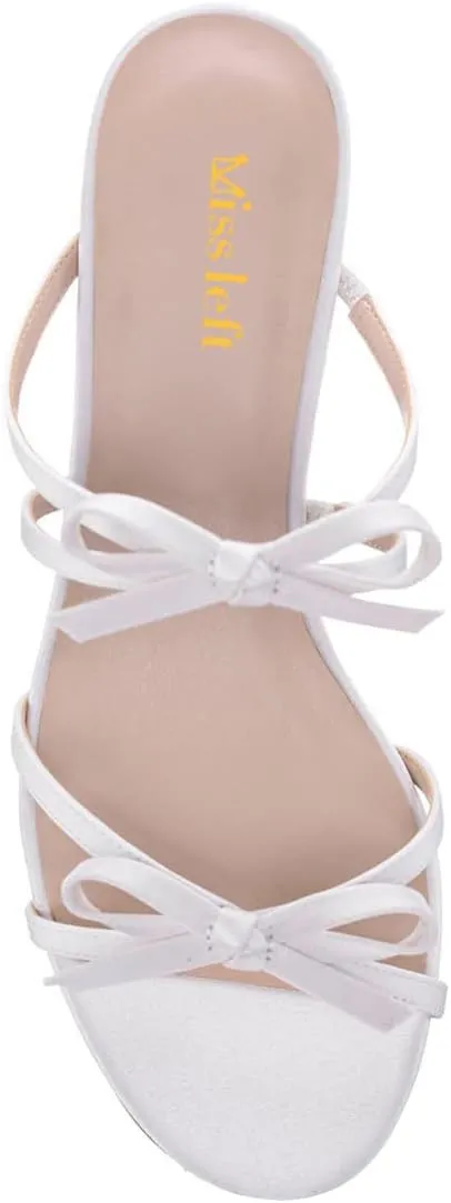 miss left Women Open Round Toe Two Bowknots Satin Mules Block Low Heel Slip on Trendy Summer Party Casual Sandals Size 4-16 US