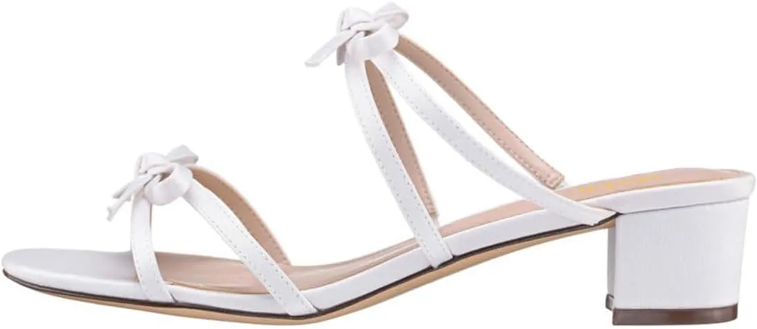 miss left Women Open Round Toe Two Bowknots Satin Mules Block Low Heel Slip on Trendy Summer Party Casual Sandals Size 4-16 US