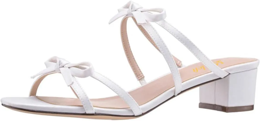 miss left Women Open Round Toe Two Bowknots Satin Mules Block Low Heel Slip on Trendy Summer Party Casual Sandals Size 4-16 US