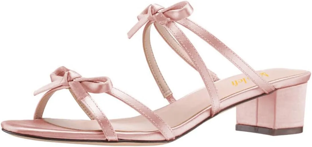 miss left Women Open Round Toe Two Bowknots Satin Mules Block Low Heel Slip on Trendy Summer Party Casual Sandals Size 4-16 US