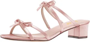 miss left Women Open Round Toe Two Bowknots Satin Mules Block Low Heel Slip on Trendy Summer Party Casual Sandals Size 4-16 US