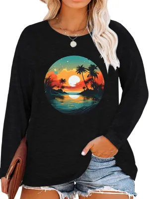 MK Shop Limited Womens Plus Size Tops Cute Graphic Vintage Sunrise Sunset Print Long Sleeve Natura Tees Fall O Neck Shirts