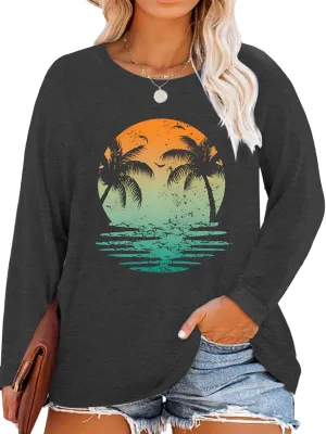 MK Shop Limited Womens Plus Size Tops Cute Graphic Vintage Sunrise Sunset Print Long Sleeve Natura Tees Fall O Neck Shirts