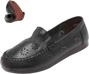 MOYOWEI Women's Leather Ruched Dress Flats Shoes,Summer/Fall Vintage Comfort Non-slip Softsole Oxford Casual Walking Loafers