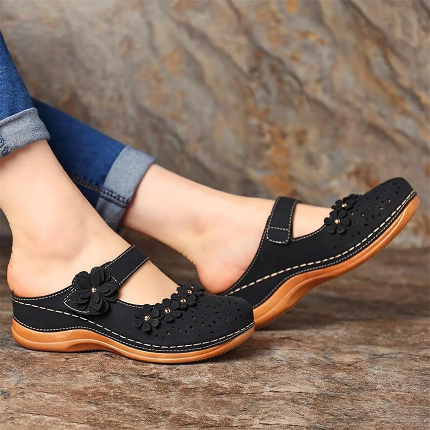Mules for Women Wedge Sandals Comfortable Dressy Summer Closed Toe Casual Slip On Shoes with Adjustable Hook Loop Heel Sandal Mule Clogs Low Orthopedic Round Head Anti-Slip Soft Bottom Footwear