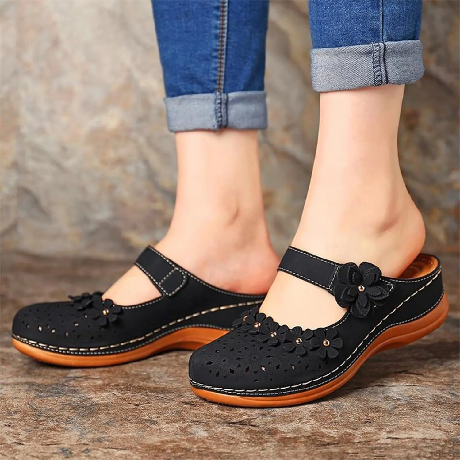 Mules for Women Wedge Sandals Comfortable Dressy Summer Closed Toe Casual Slip On Shoes with Adjustable Hook Loop Heel Sandal Mule Clogs Low Orthopedic Round Head Anti-Slip Soft Bottom Footwear