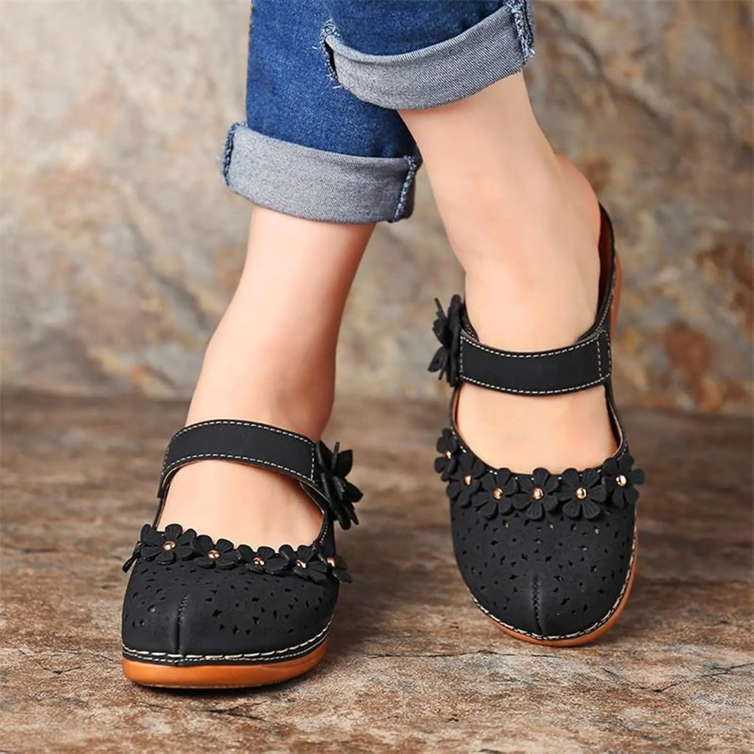 Mules for Women Wedge Sandals Comfortable Dressy Summer Closed Toe Casual Slip On Shoes with Adjustable Hook Loop Heel Sandal Mule Clogs Low Orthopedic Round Head Anti-Slip Soft Bottom Footwear