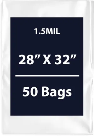 Multiple Sizes Clear Flat Poly Bags, 1.5Mil 28" X 32" & 50 Bags | Low-Density Polyethylene (LDPE), Flat Open Top Plastic Packaging Packing | Flexible and Durable Plastic Bags