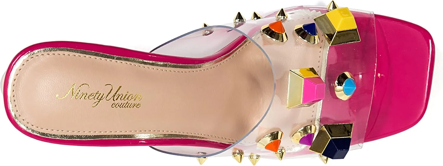 Ninety Union Vegas Lucite Multicolor Stone Slide On a Gold Circular Heel