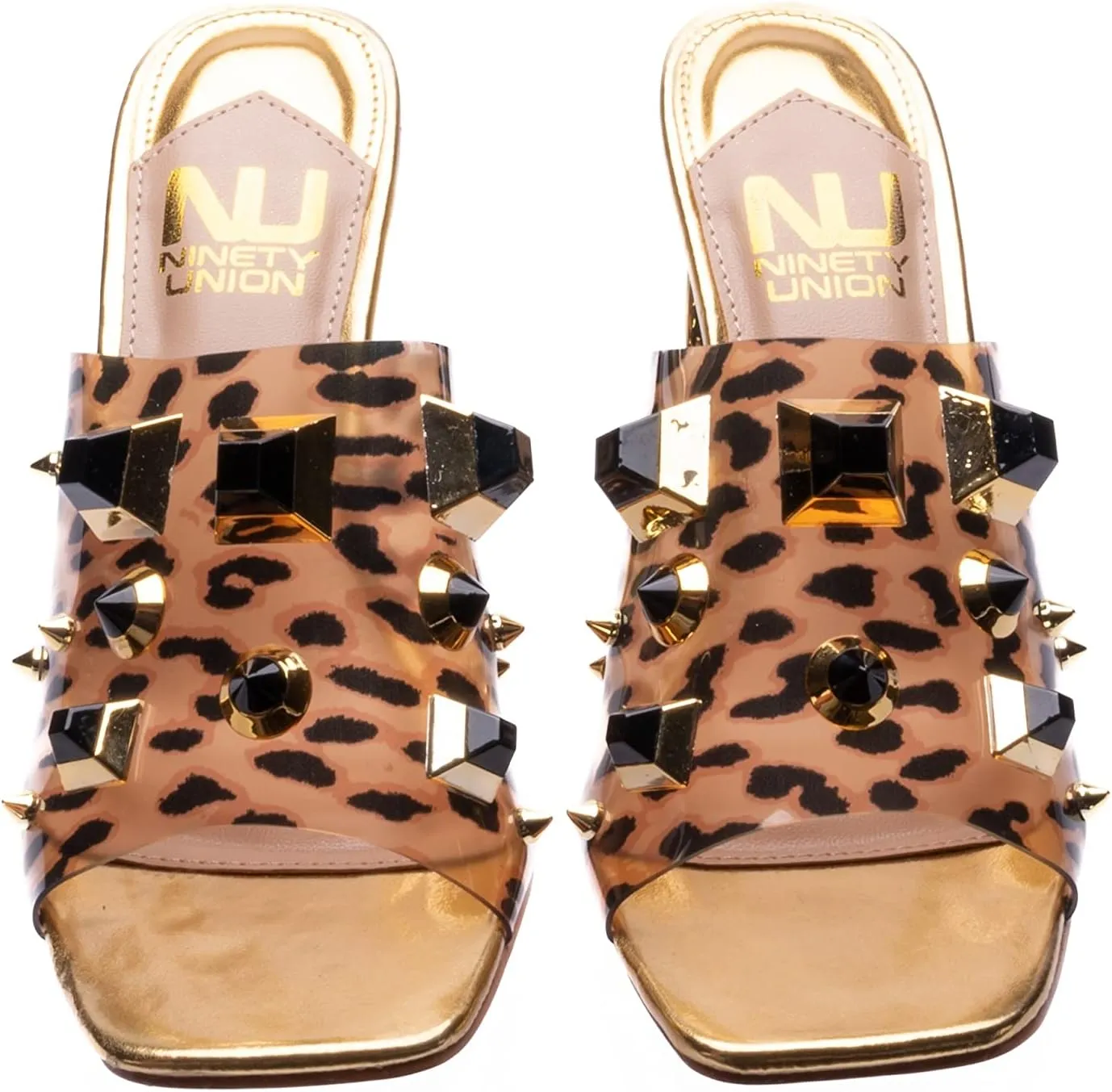 Ninety Union Vegas Lucite Multicolor Stone Slide On a Gold Circular Heel