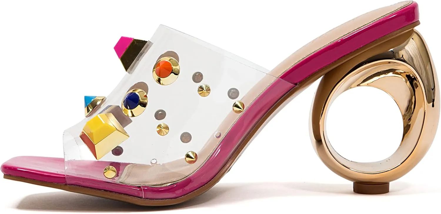 Ninety Union Vegas Lucite Multicolor Stone Slide On a Gold Circular Heel