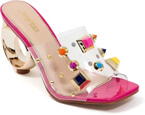 Ninety Union Vegas Lucite Multicolor Stone Slide On a Gold Circular Heel