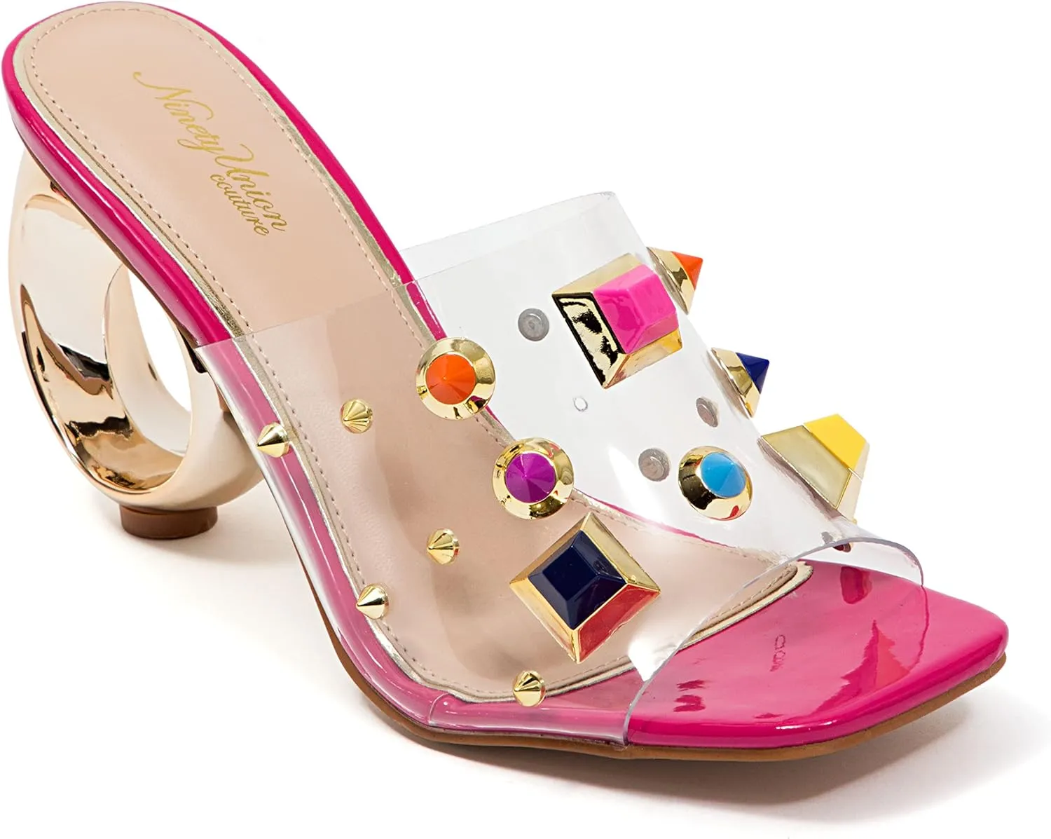 Ninety Union Vegas Lucite Multicolor Stone Slide On a Gold Circular Heel