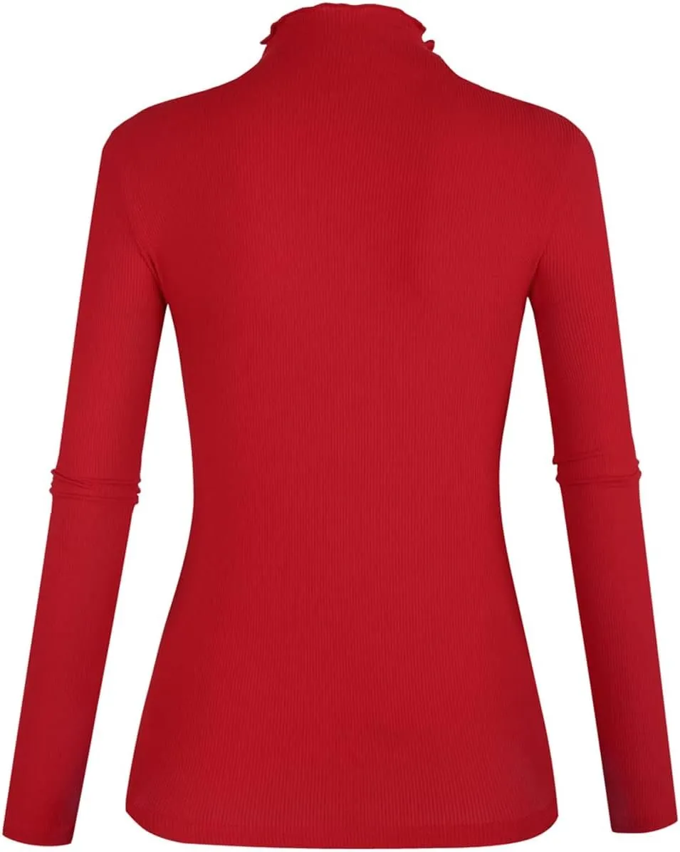 POPZONE Women's Lettuce Trim Mock Neck Long Sleeve Slim Fit Ribbed Knit Tee Shirt Tops
